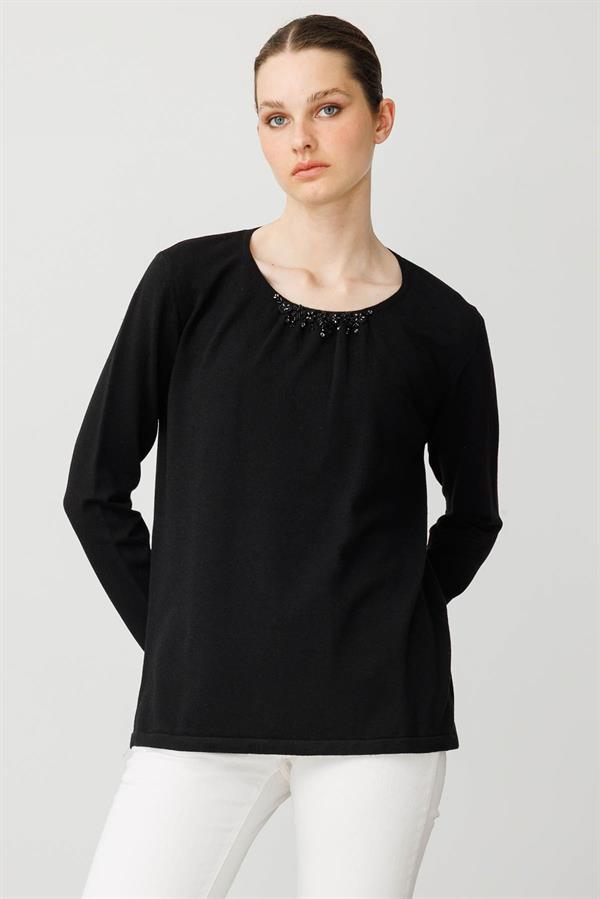 Kadın Dantel Çiçek İşlemeli Ligralı Bluz Siyah