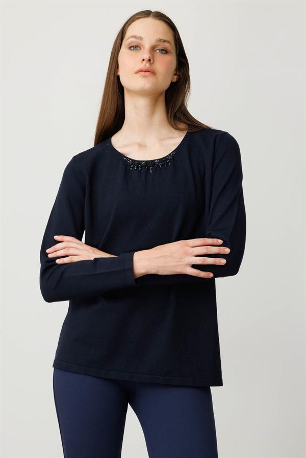 Kadın Dantel Çiçek İşlemeli Ligralı Bluz K.Lacivert