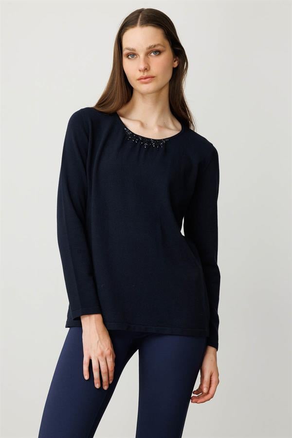 Kadın Dantel Çiçek İşlemeli Ligralı Bluz K.Lacivert