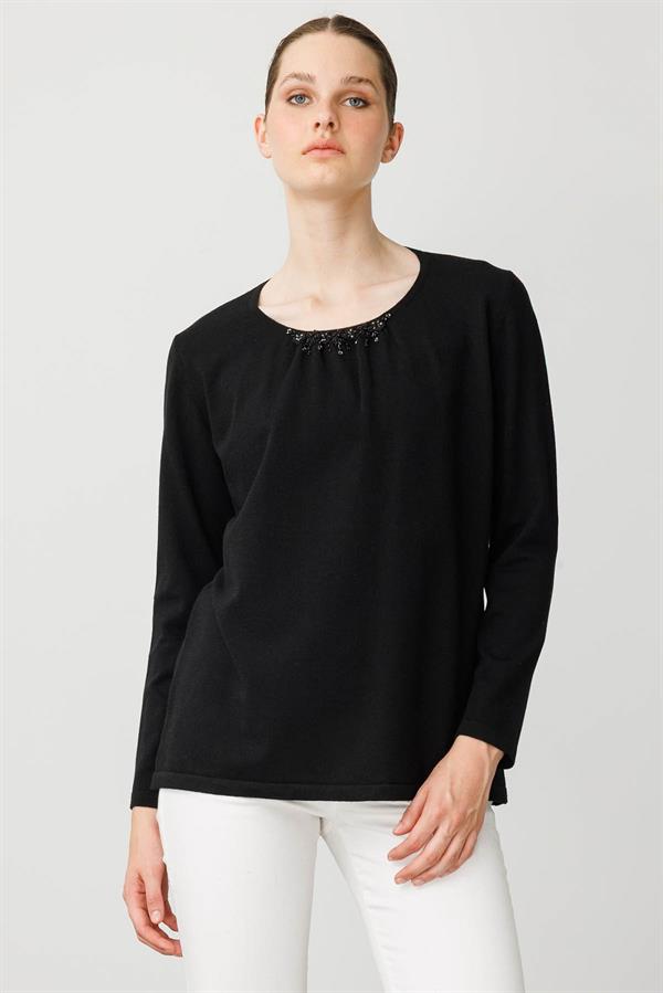 Kadın Dantel Çiçek İşlemeli Ligralı Bluz Siyah