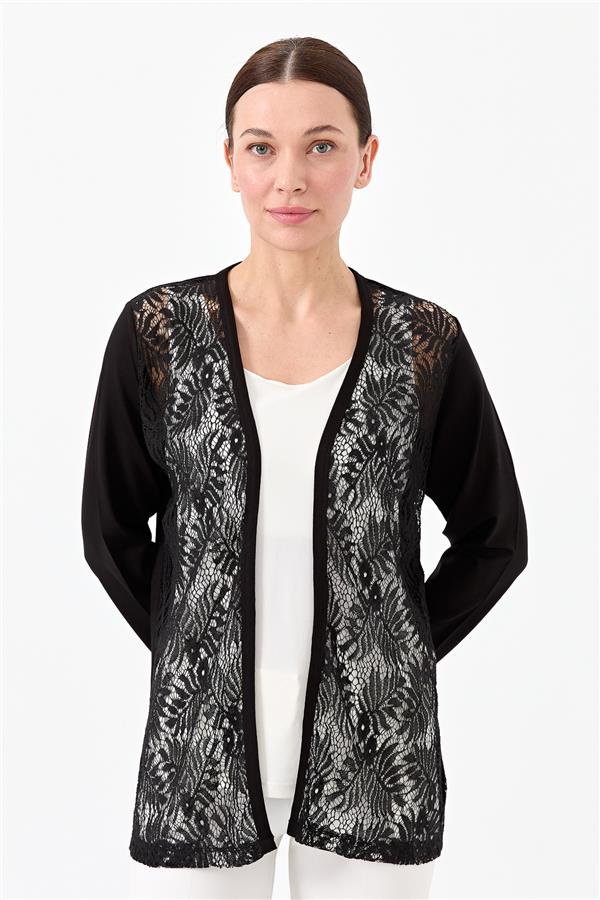Женский хлопковый жакет с кружевным принтом черный 