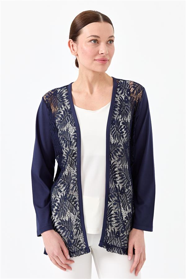 Женский хлопковый жакет с кружевным принтом темно синий 
