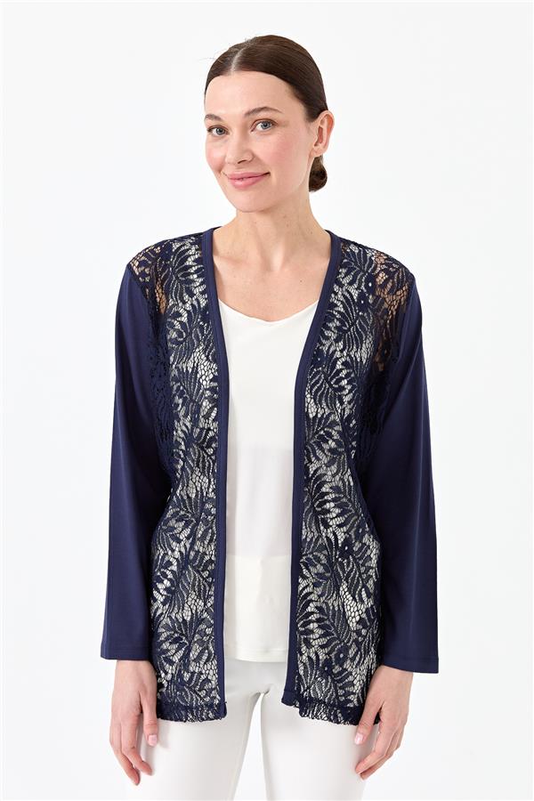 Женский хлопковый жакет с кружевным принтом темно синий 