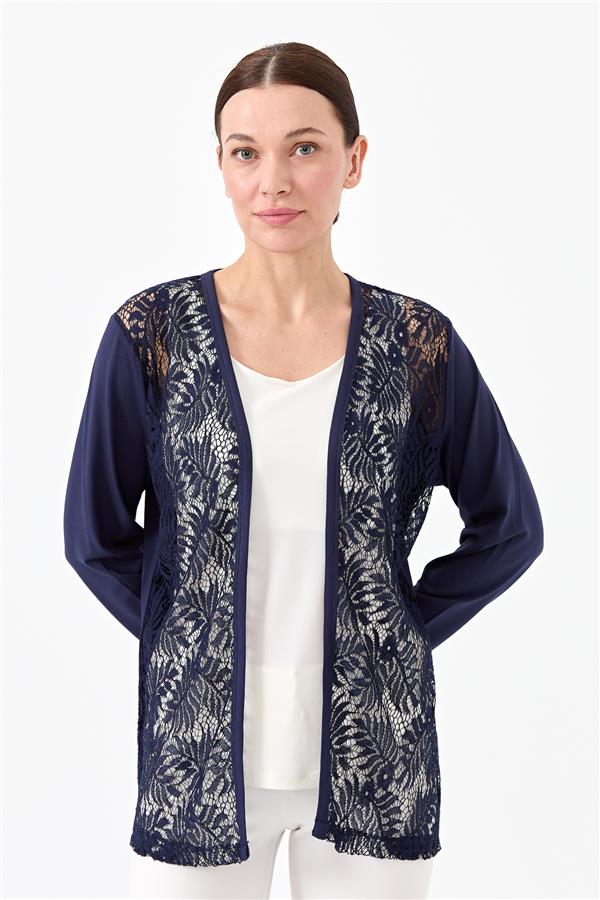 Женский хлопковый жакет с кружевным принтом темно синий 