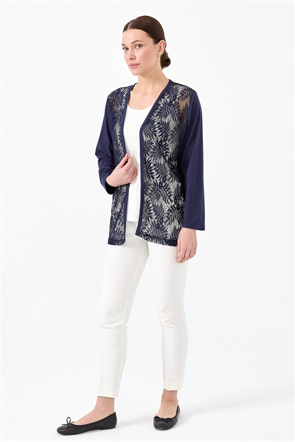 Женский хлопковый жакет с кружевным принтом темно синий 