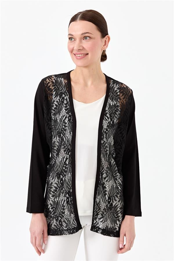 Женский хлопковый жакет с кружевным принтом черный 