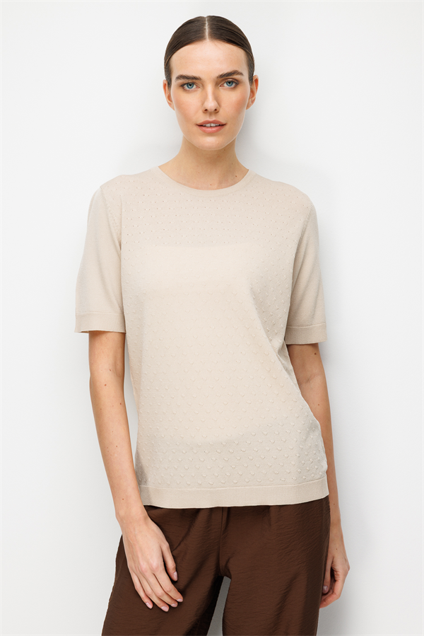 Kadın Sıfır Yaka Desenli İnce Triko Bluz Bej