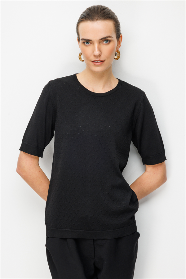 Kadın Sıfır Yaka Desenli İnce Triko Bluz Siyah