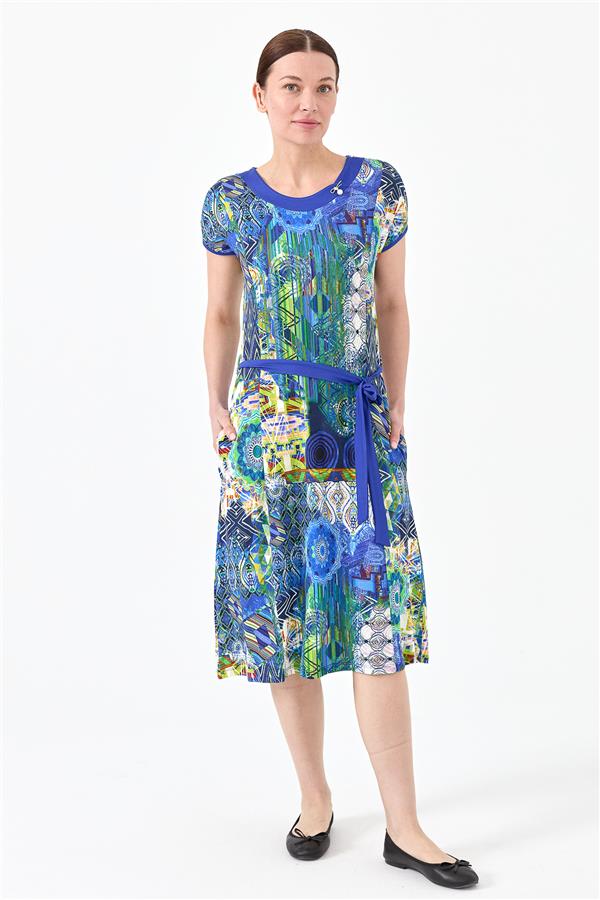 Женское хлопковое платье с круглым вырезом ярко синее