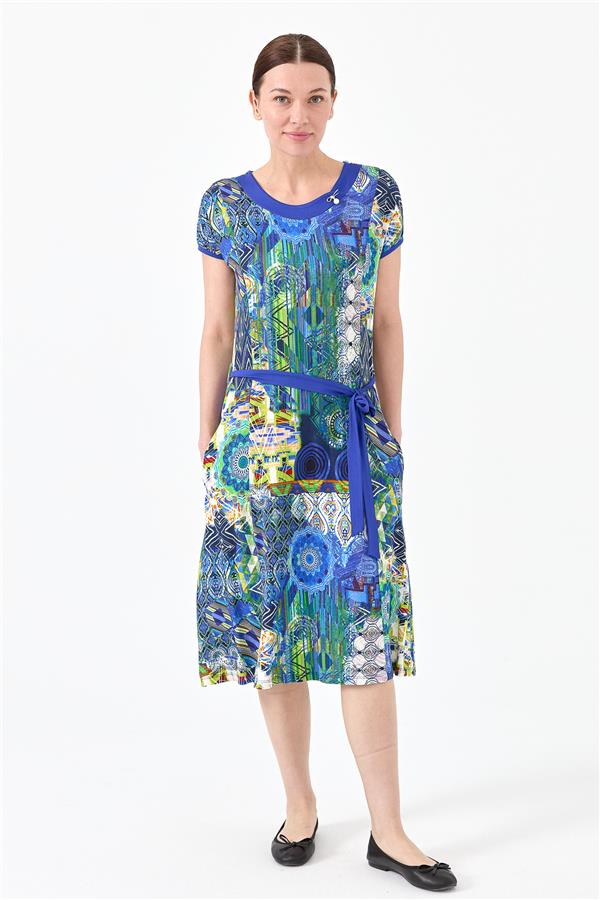 Женское хлопковое платье с круглым вырезом ярко синее