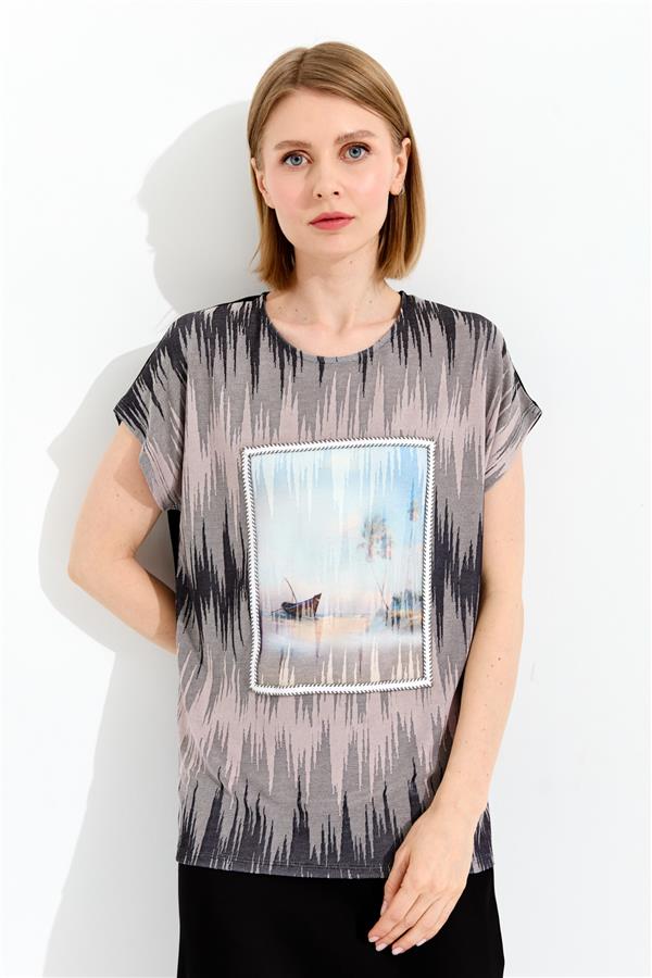 Kadın Sıfır Yaka Desenli Penye T-shirt Siyah