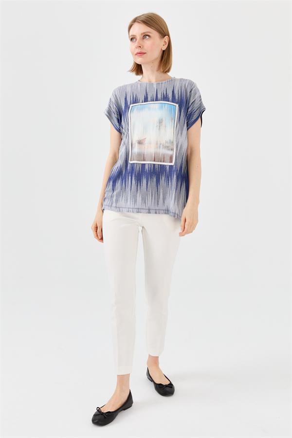 Женская хлопковая футболка с круглым вырезом и принтом темно синяя