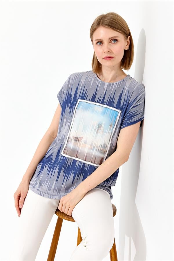 Женская хлопковая футболка с круглым вырезом и принтом темно синяя