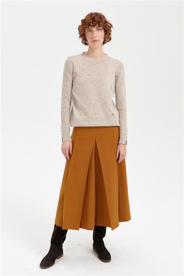 Kadın Sıfır Yaka Dikişsiz Cepli Yün Kazak V.Bej