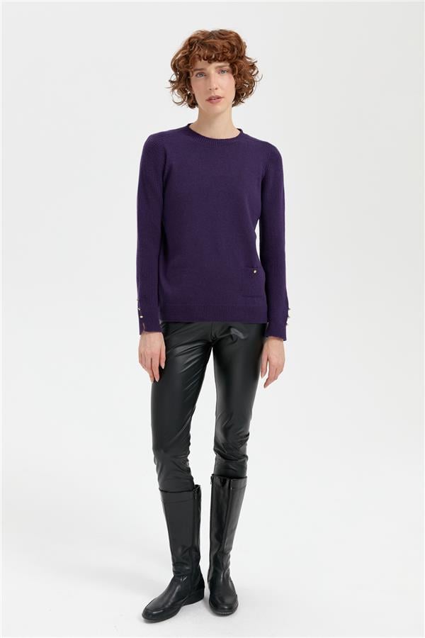 Kadın Sıfır Yaka Dikişsiz Cepli Yün Kazak K.Mor