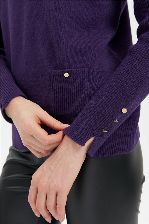 Kadın Sıfır Yaka Dikişsiz Cepli Yün Kazak K.Mor