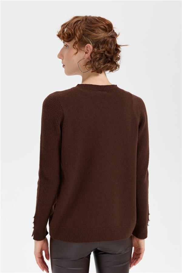 Kadın Sıfır Yaka Dikişsiz Cepli Yün Kazak M.Kahve