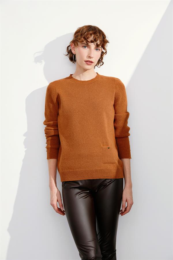 Kadın Sıfır Yaka Dikişsiz Cepli Yün Kazak Tarçın