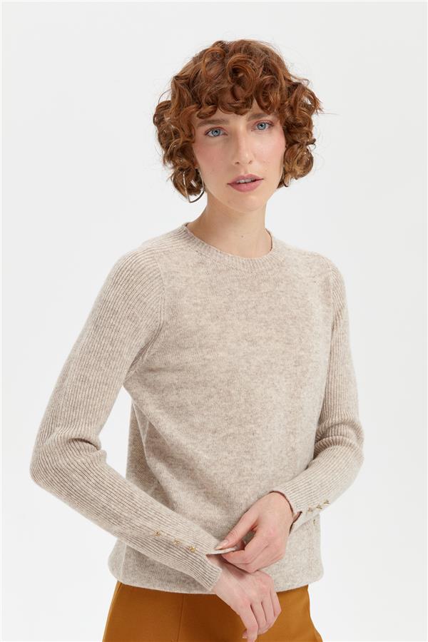 Kadın Sıfır Yaka Dikişsiz Cepli Yün Kazak V.Bej