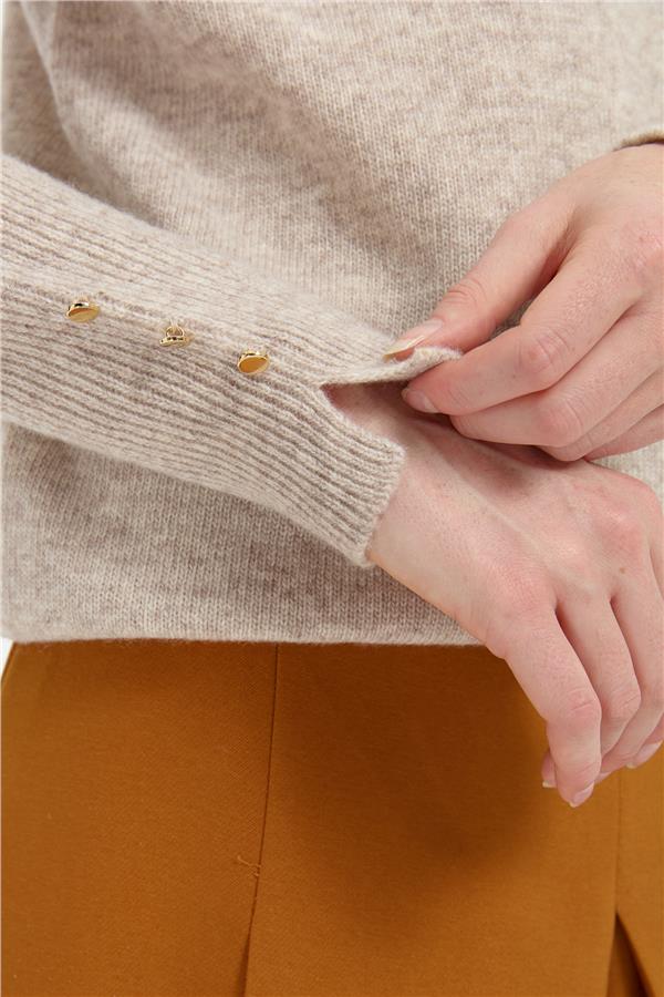 Kadın Sıfır Yaka Dikişsiz Cepli Yün Kazak V.Bej