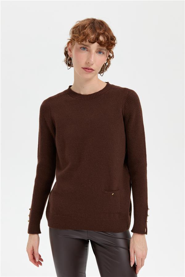 Kadın Sıfır Yaka Dikişsiz Cepli Yün Kazak M.Kahve