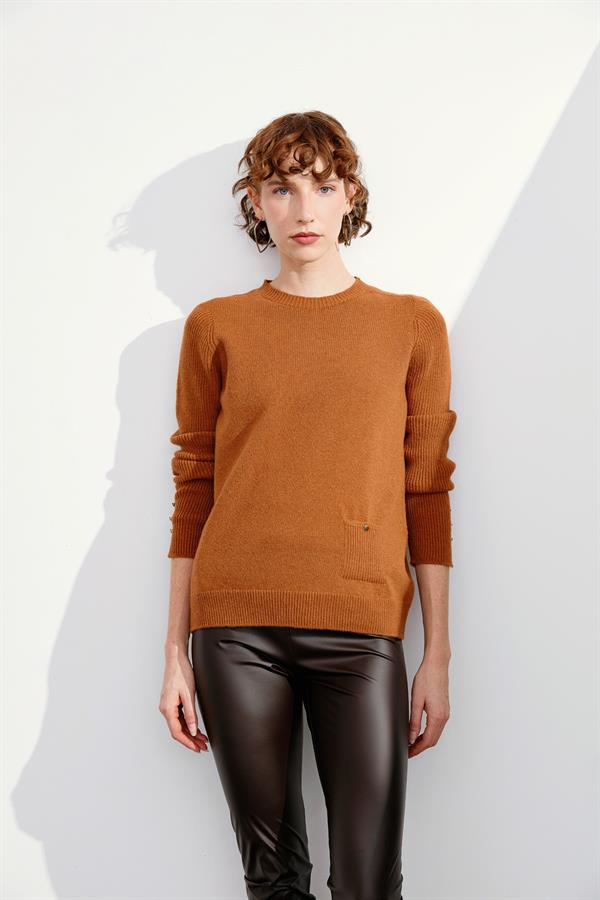 Kadın Sıfır Yaka Dikişsiz Cepli Yün Kazak Tarçın