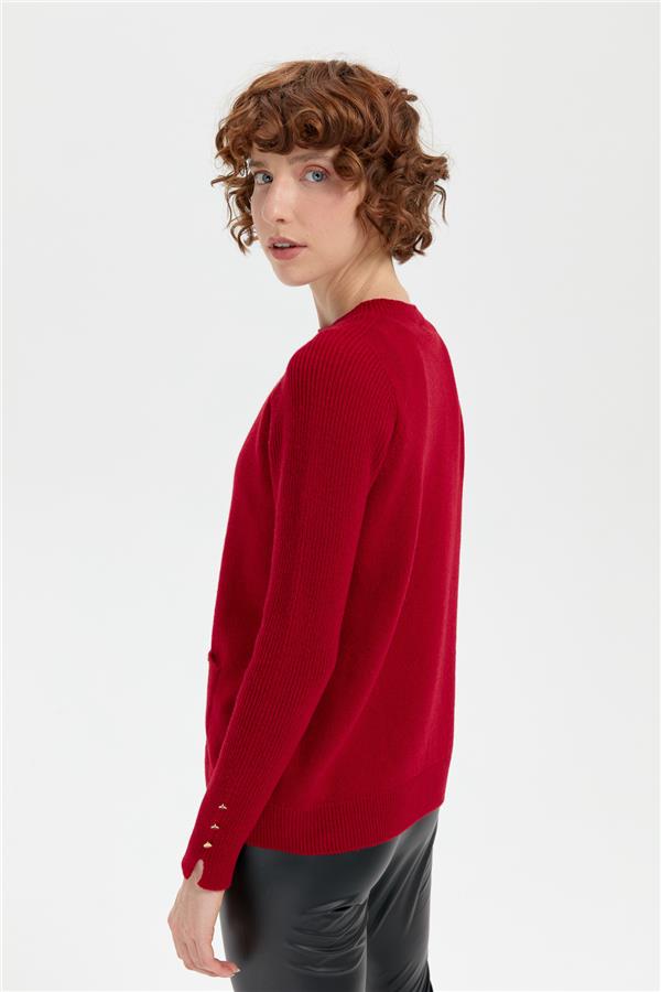 Kadın Sıfır Yaka Dikişsiz Cepli Yün Kazak K.Kırmızı