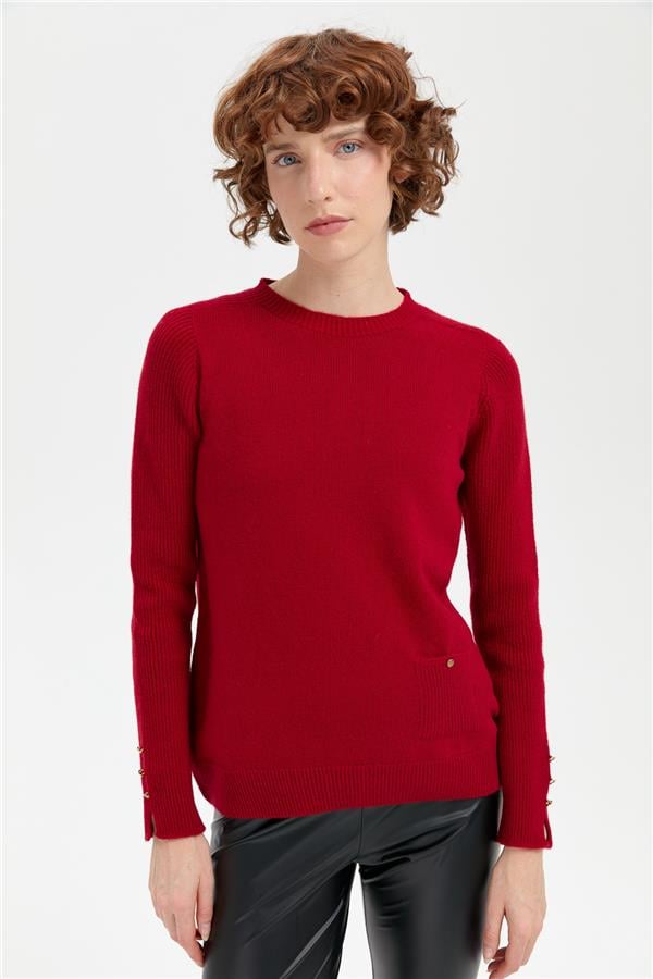 Kadın Sıfır Yaka Dikişsiz Cepli Yün Kazak K.Kırmızı