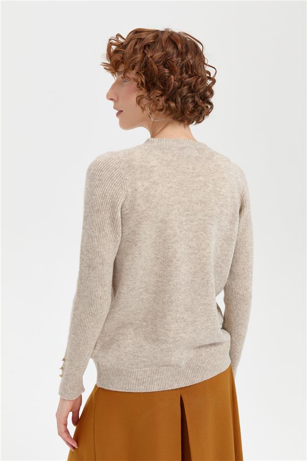 Kadın Sıfır Yaka Dikişsiz Cepli Yün Kazak V.Bej