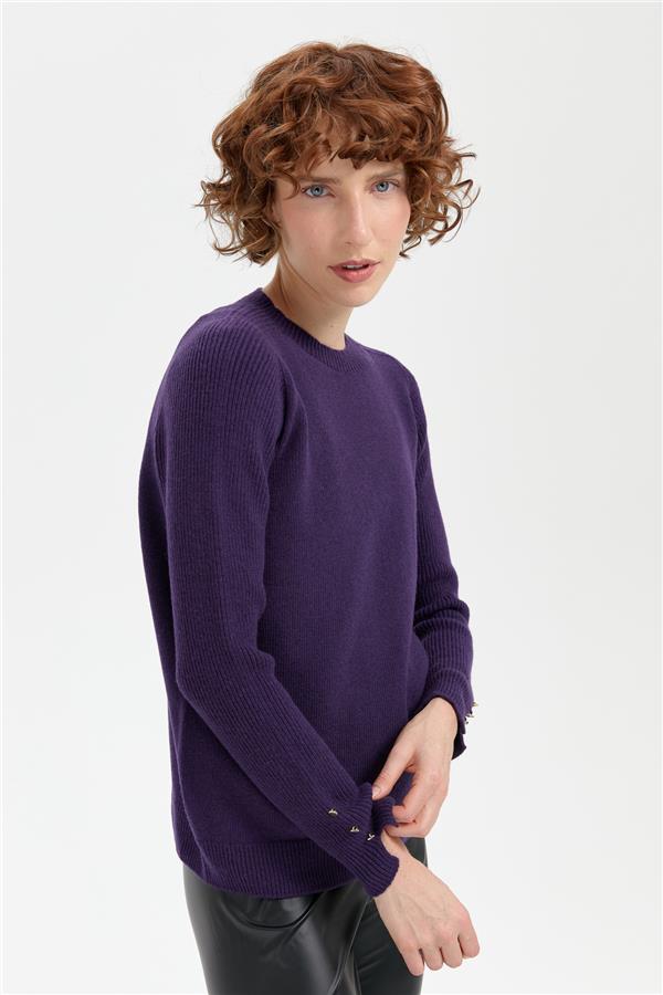 Kadın Sıfır Yaka Dikişsiz Cepli Yün Kazak K.Mor