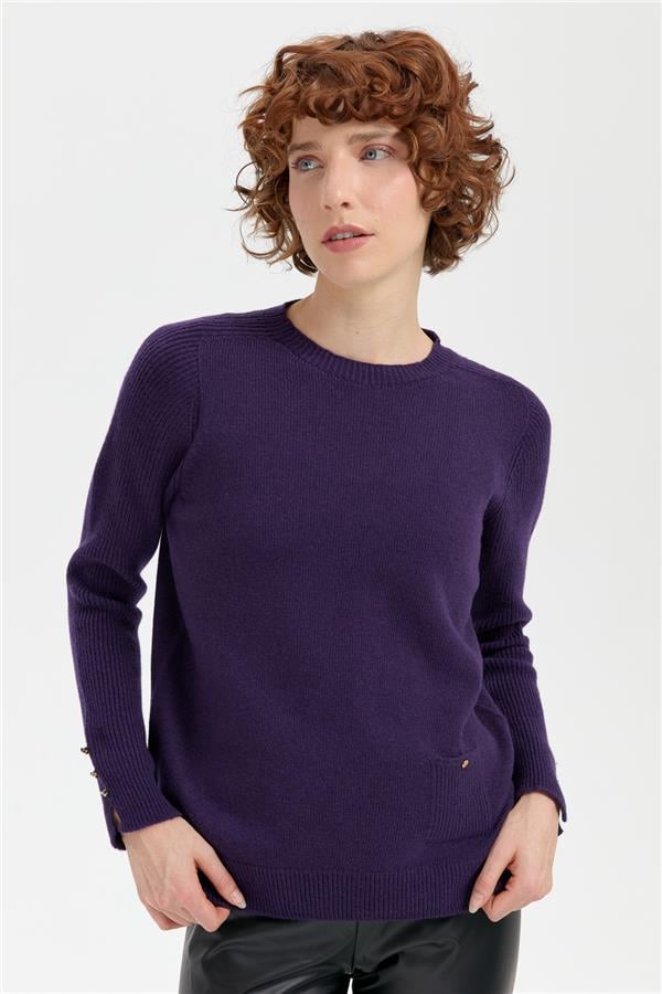 Kadın Sıfır Yaka Dikişsiz Cepli Yün Kazak K.Mor