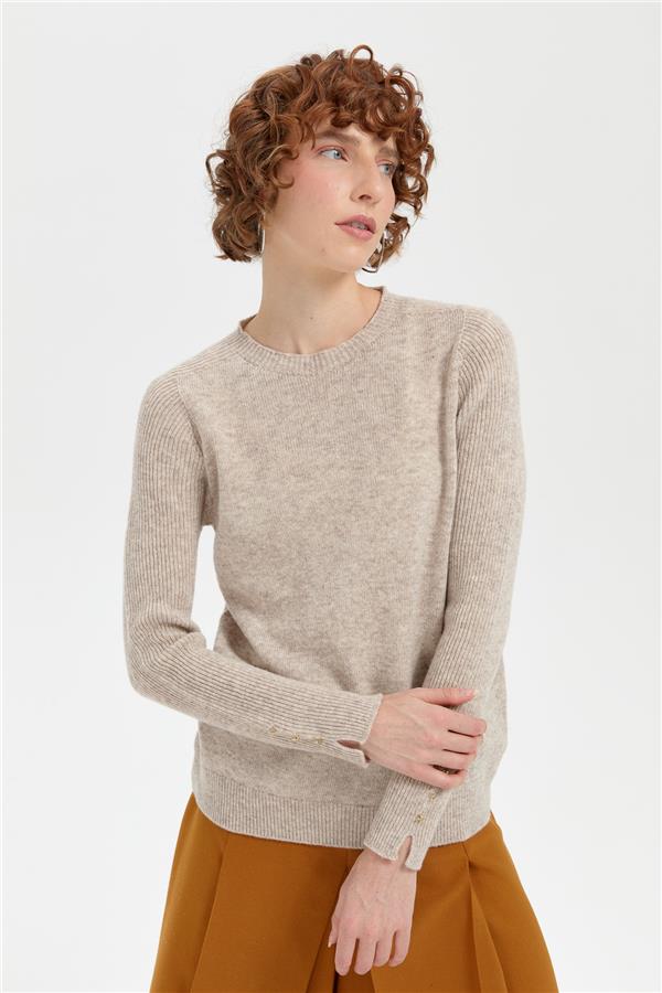 Kadın Sıfır Yaka Dikişsiz Cepli Yün Kazak V.Bej