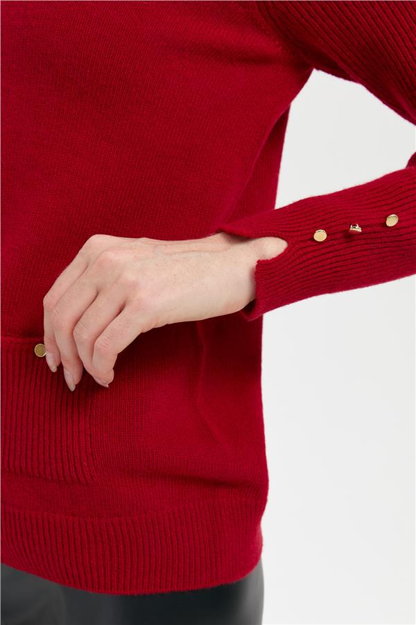 Kadın Sıfır Yaka Dikişsiz Cepli Yün Kazak K.Kırmızı