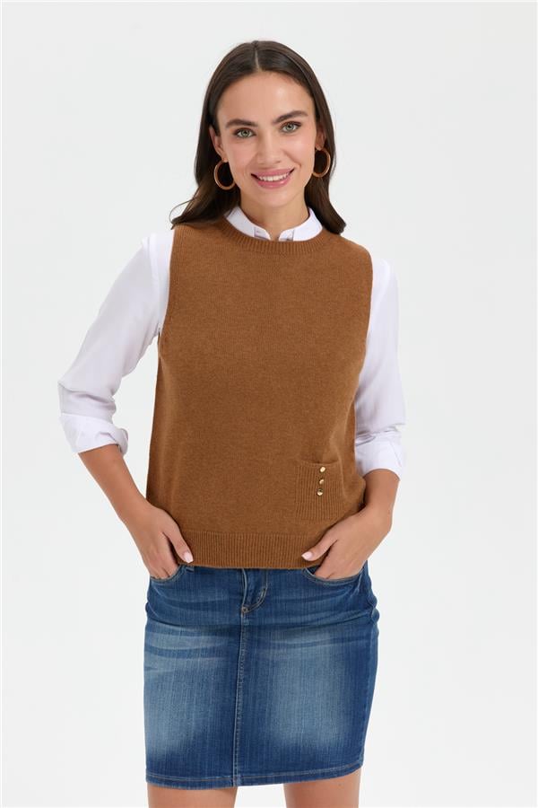 Kadın Sıfır Yaka Dikişsiz Cepli Yün Süveter K.taba