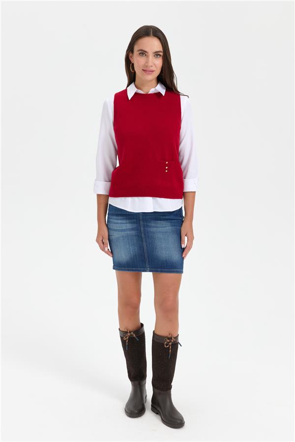 Kadın Sıfır Yaka Dikişsiz Cepli Yün Süveter K.Kırmızı