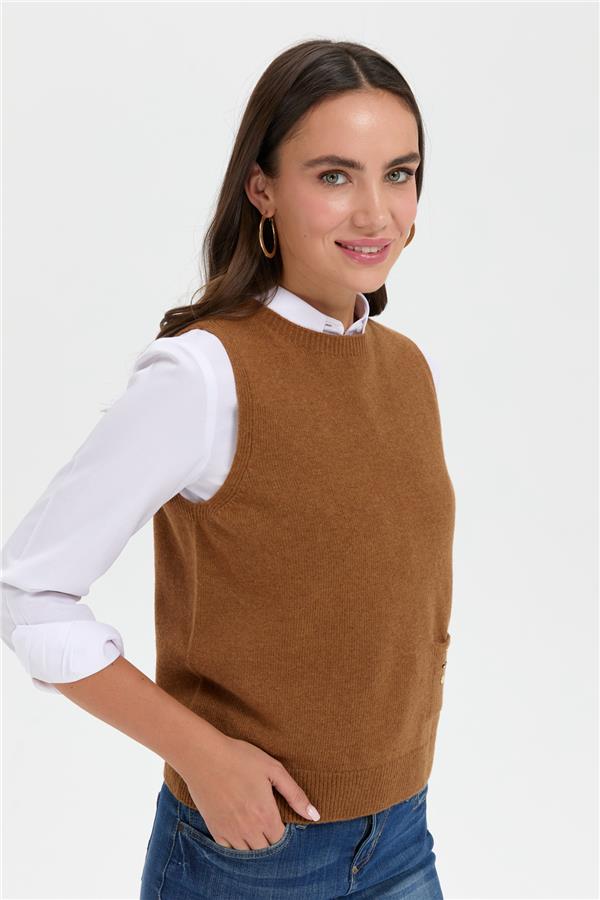 Kadın Sıfır Yaka Dikişsiz Cepli Yün Süveter K.taba