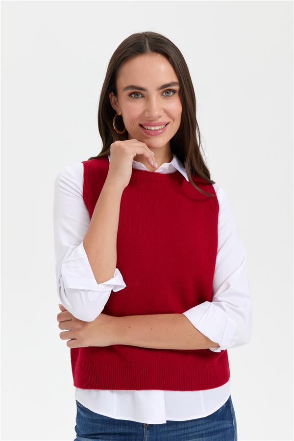 Kadın Sıfır Yaka Dikişsiz Cepli Yün Süveter K.Kırmızı