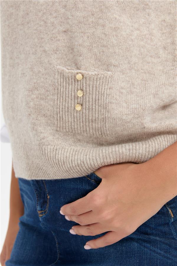 Kadın Sıfır Yaka Dikişsiz Cepli Yün Süveter V.Bej