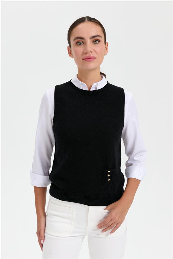 Kadın Sıfır Yaka Dikişsiz Cepli Yün Süveter Siyah