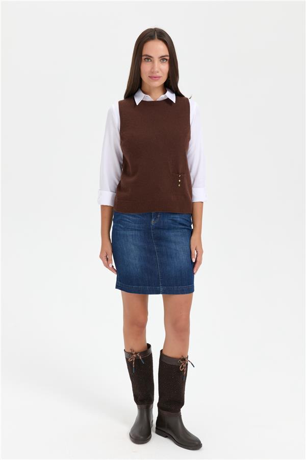 Kadın Sıfır Yaka Dikişsiz Cepli Yün Süveter M.Kahve