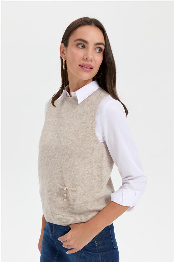 Kadın Sıfır Yaka Dikişsiz Cepli Yün Süveter V.Bej