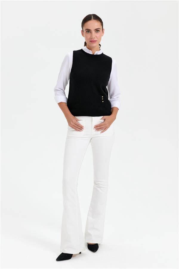 Kadın Sıfır Yaka Dikişsiz Cepli Yün Süveter Siyah