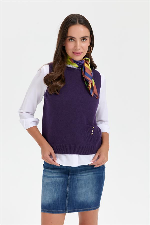 Kadın Sıfır Yaka Dikişsiz Cepli Yün Süveter K.Mor