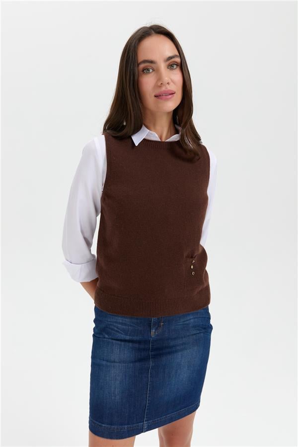 Kadın Sıfır Yaka Dikişsiz Cepli Yün Süveter M.Kahve