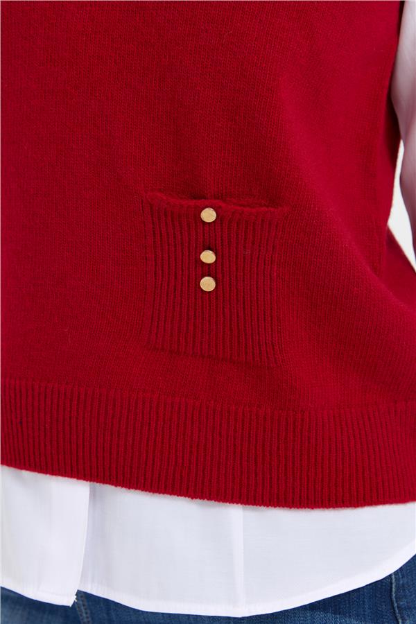 Kadın Sıfır Yaka Dikişsiz Cepli Yün Süveter K.Kırmızı