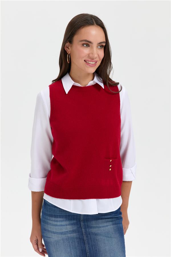 Kadın Sıfır Yaka Dikişsiz Cepli Yün Süveter K.Kırmızı