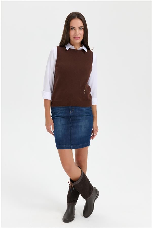 Kadın Sıfır Yaka Dikişsiz Cepli Yün Süveter M.Kahve