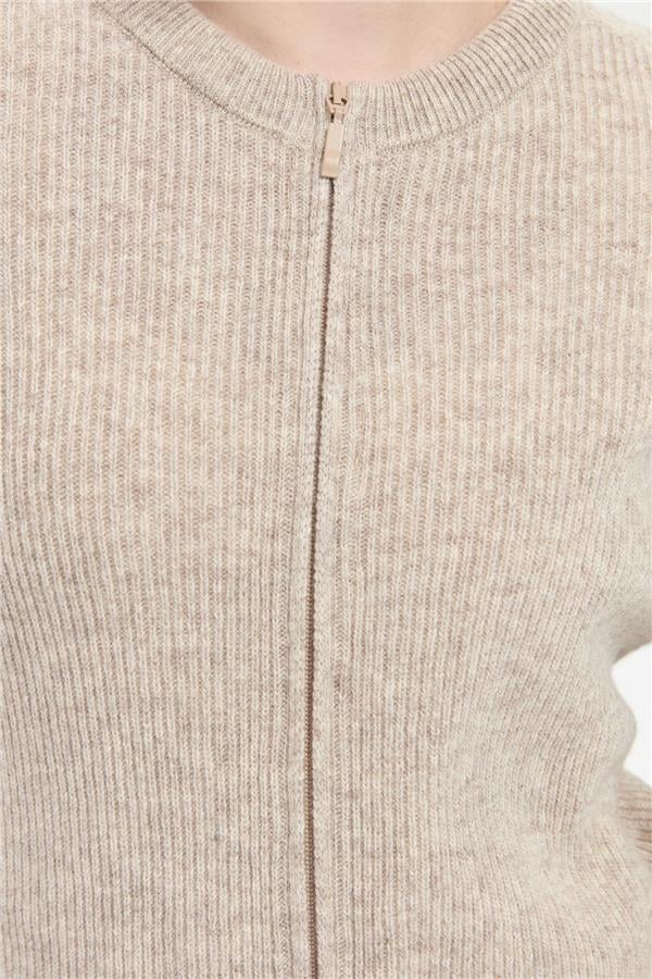Kadın Sıfır Yaka Dikişsiz Fermuarlı Yün Hırka V.Bej