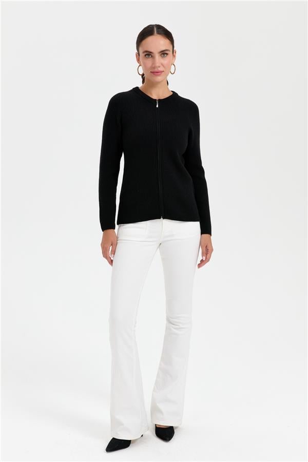 Kadın Sıfır Yaka Dikişsiz Fermuarlı Yün Hırka Siyah