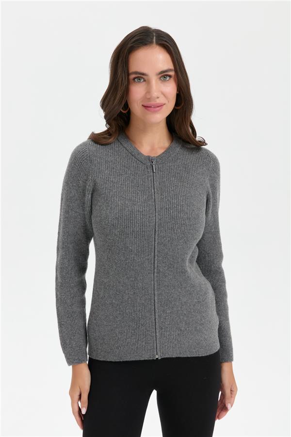 Kadın Sıfır Yaka Dikişsiz Fermuarlı Yün Hırka Füme